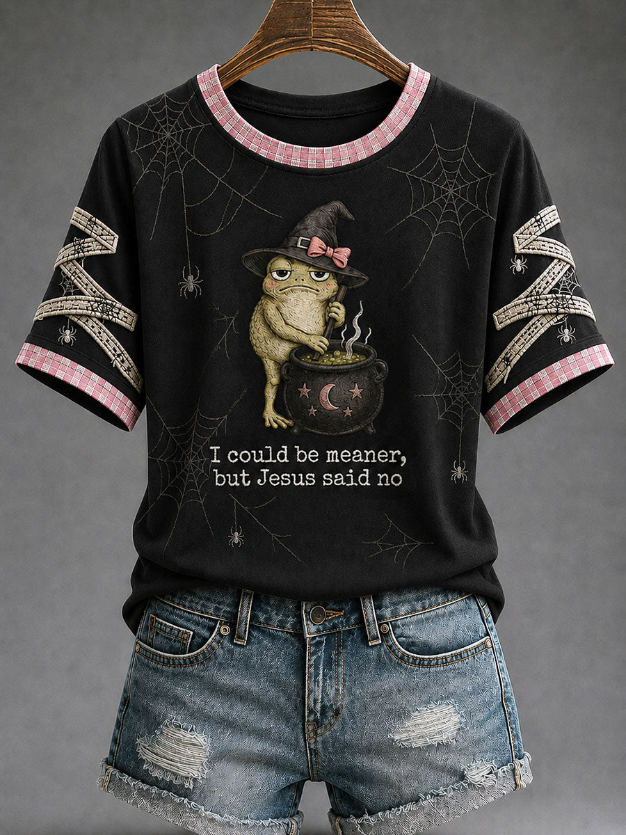Women's 'I Could Be Meaner But Jesus Said No' Fun Faith Halloween Casual T-shirt