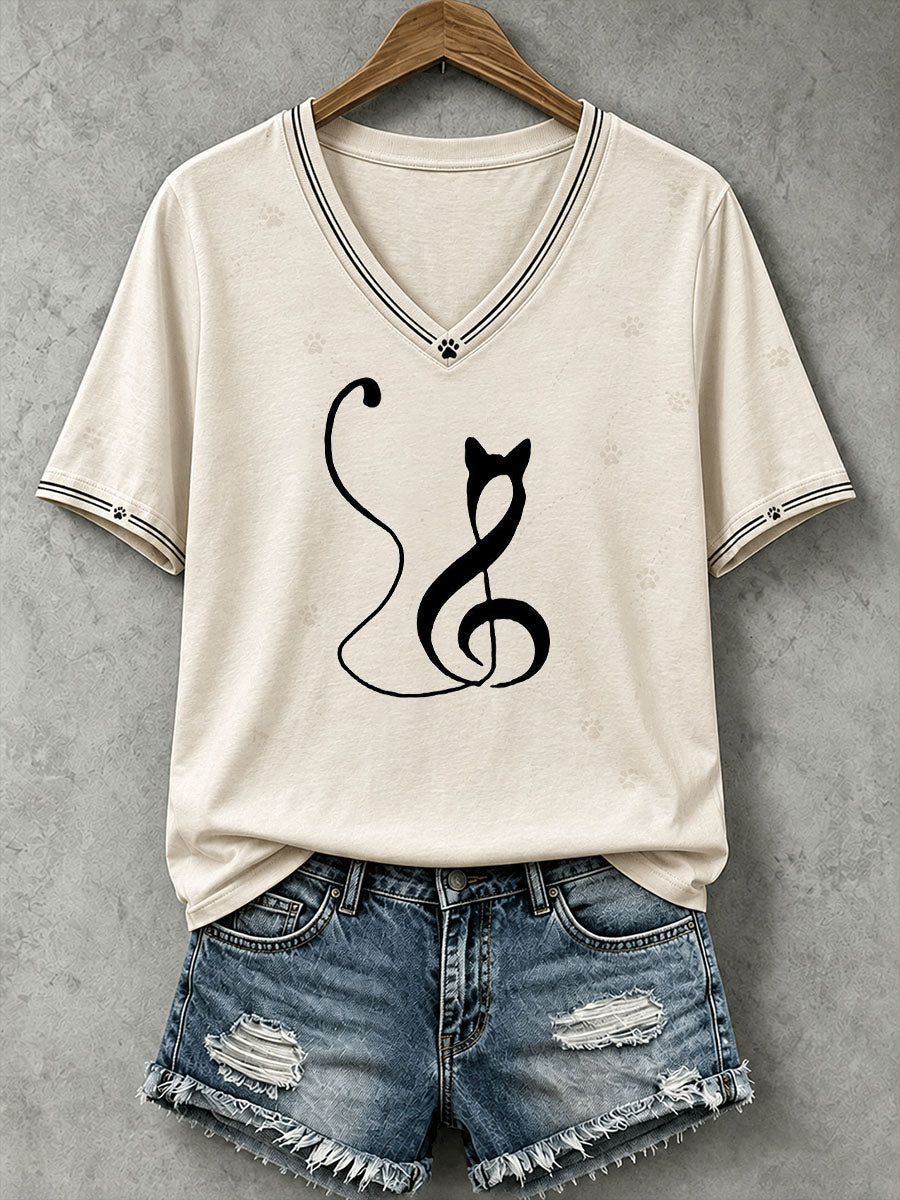 Women's Musical Note Cat Line Art T-Shirt
