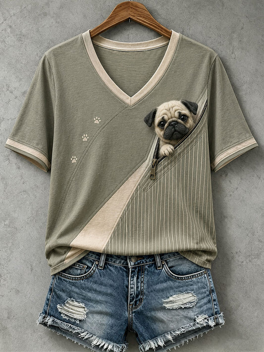 Women's Lovely Pug Felt Art T-Shirt