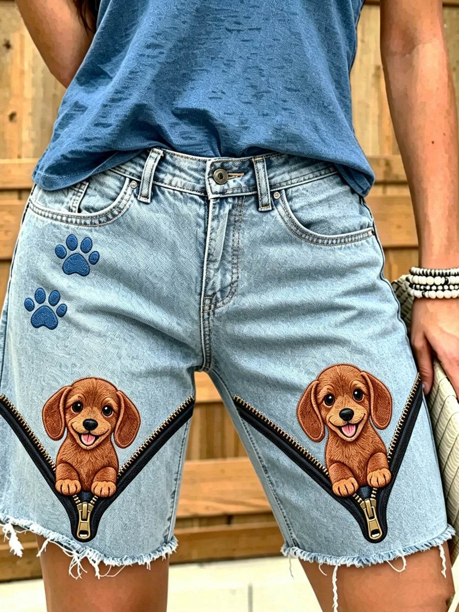 Women's Animal Zipper Art Printed Short Jeans