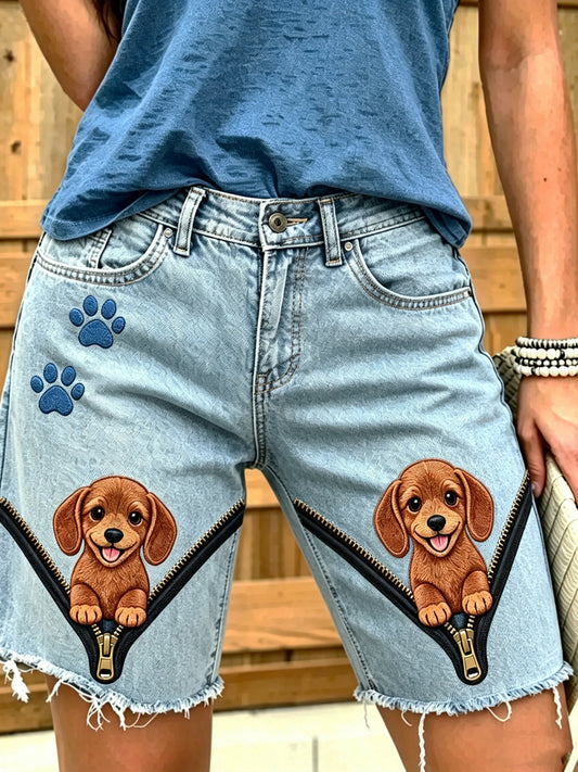 Women's Animal Zipper Art Printed Short Jeans