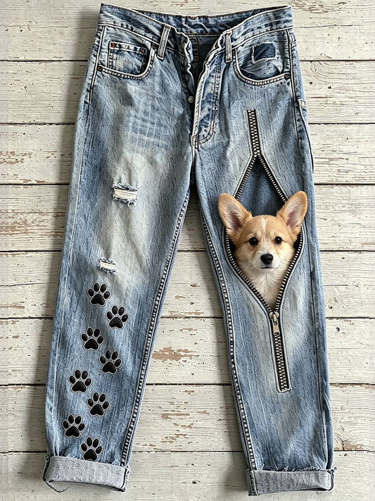 Women's Animal Dog Zipper Art Print Jeans