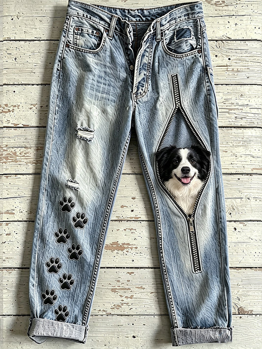 Women's Animal Dog Zipper Art Print Jeans