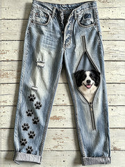 Women's Animal Dog Zipper Art Print Jeans
