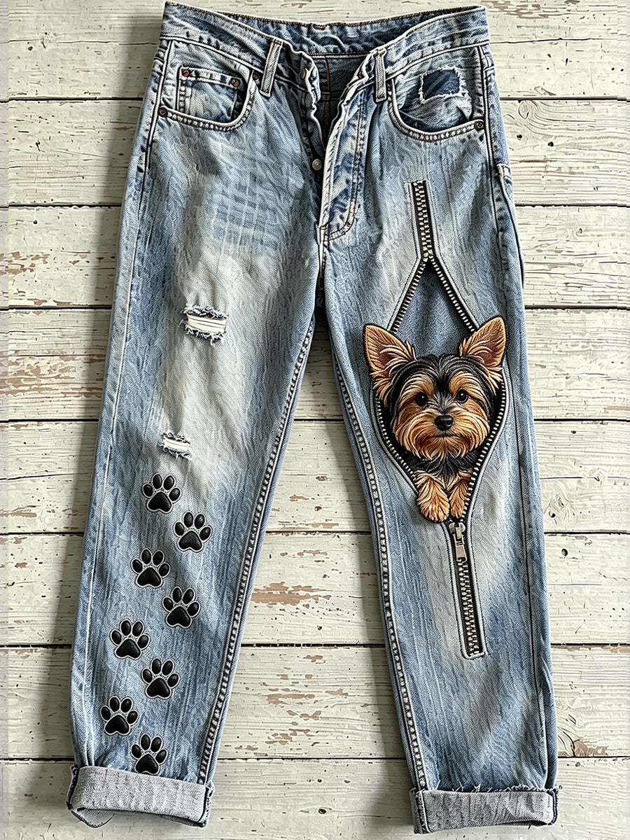 Women's Animal Dog Zipper Art Print Jeans