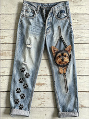 Women's Animal Dog Zipper Art Print Jeans