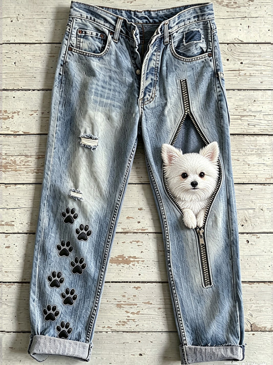 Women's Animal Dog Zipper Art Print Jeans