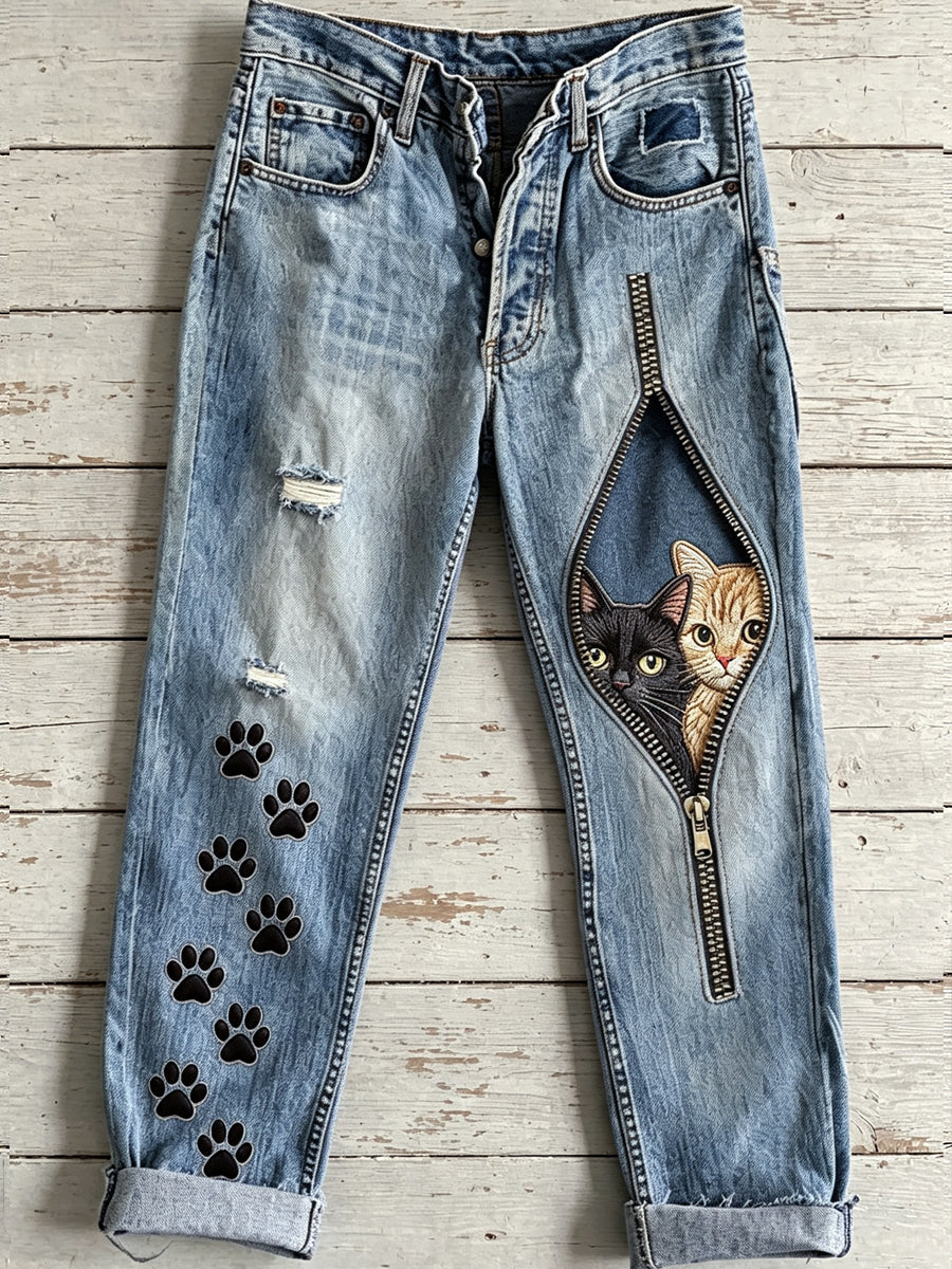 Women's Animal Cat Zipper Art Print Jeans