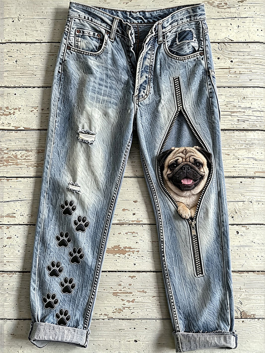 Women's Animal Dog Zipper Art Print Jeans