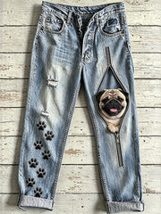 Women's Animal Dog Zipper Art Print Jeans
