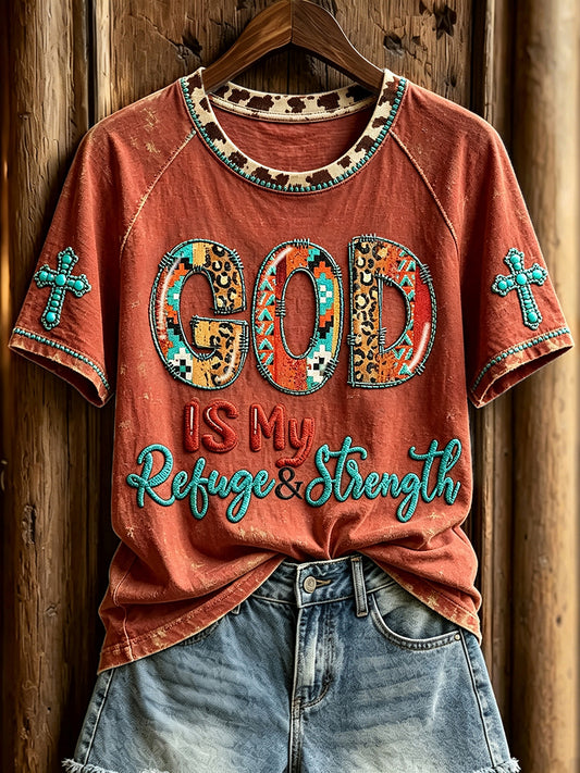 Women's Western God Is My Refuge & Strength Faith Print Round Neck Short Sleeve T-shirt