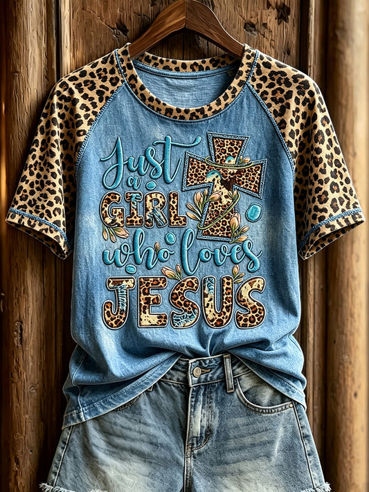 Women's Just A Girl Who Loves Jesus Western Faith Print Round Neck Short Sleeve T-shirt