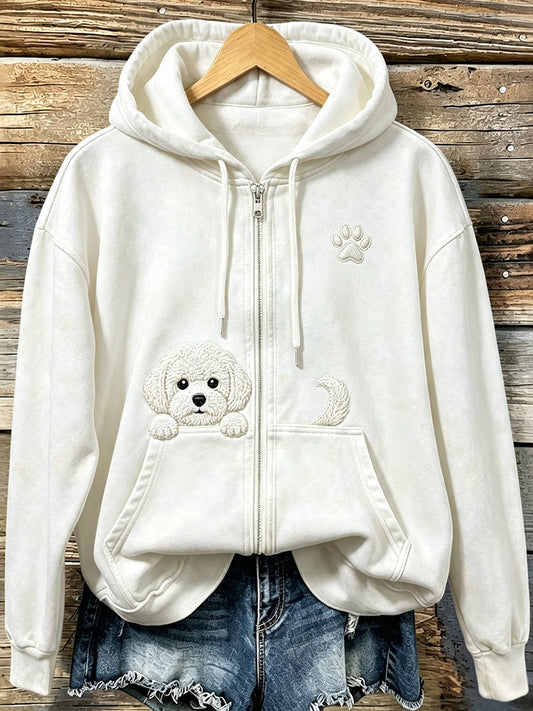 Women's Cute Peeking Bichon Frize with Paw Print Cozy Zip-Up Hoodie
