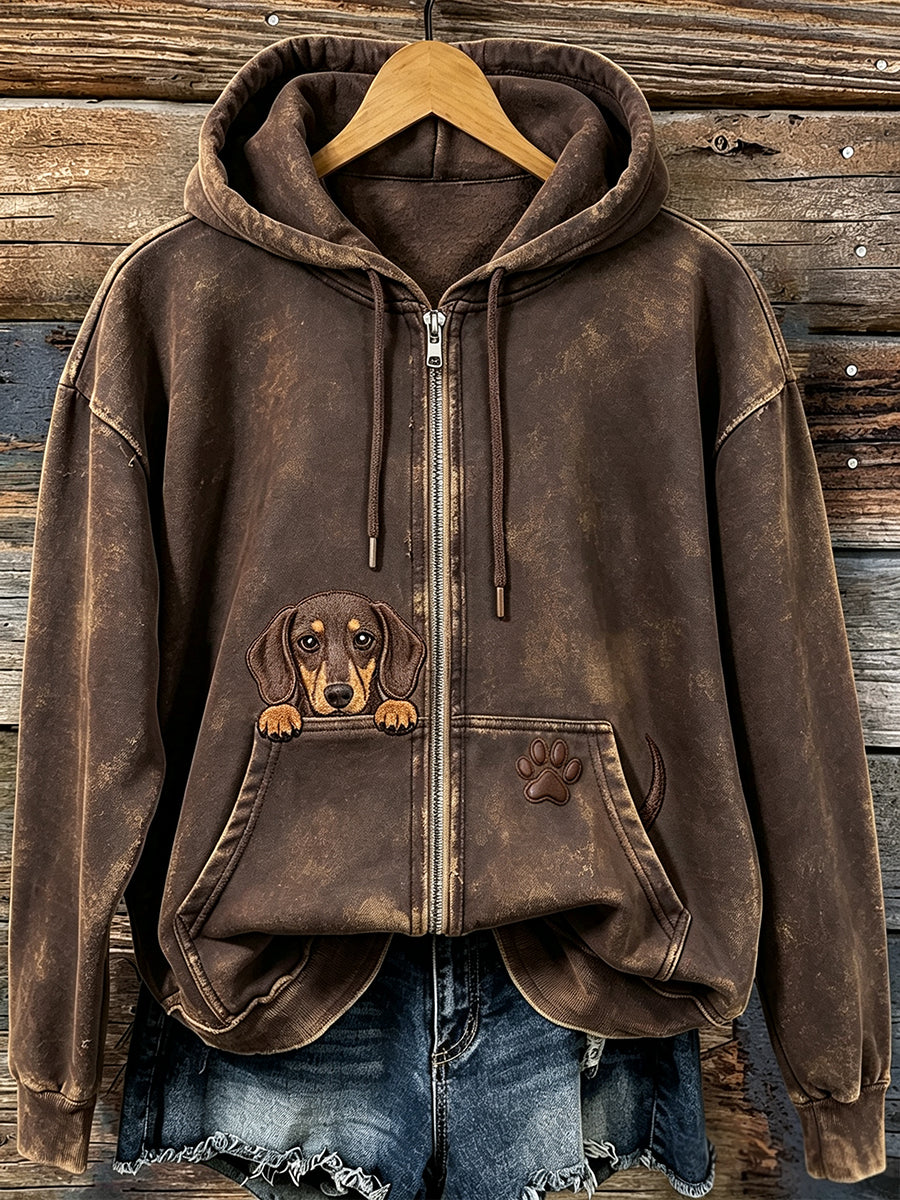 Women's Lovely Peeking Dachshund with Paw Print Cozy Zip-Up Hoodie