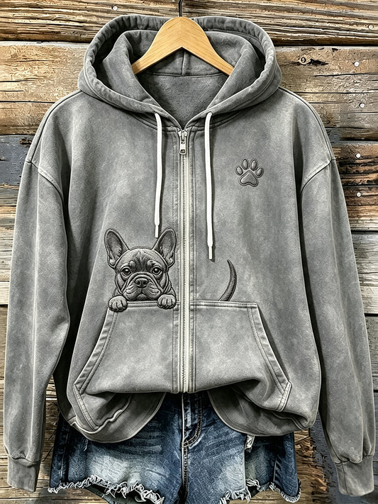 Women's Cute Peeking French Bulldog with Paw Print Cozy Zip-Up Hoodie