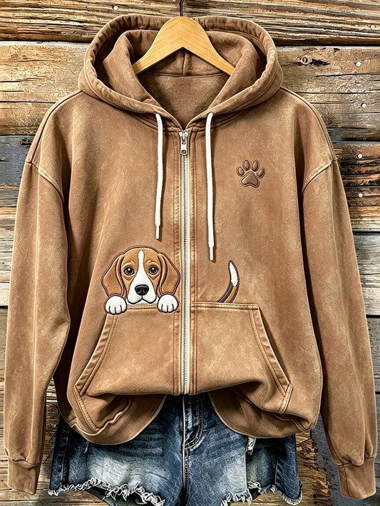 Women's Cute Peeking Beagle with Paw Print Cozy Zip-Up Hoodie