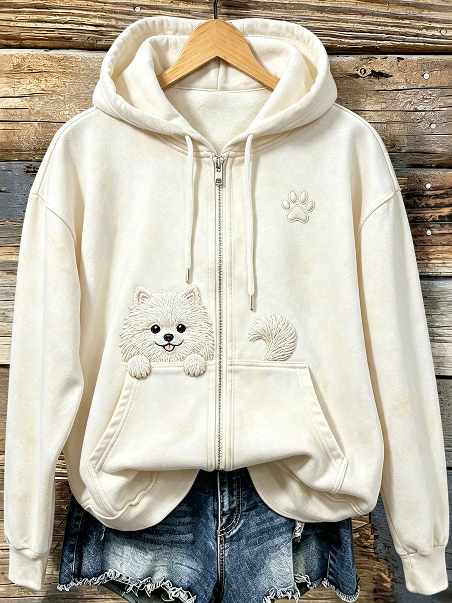 Women's Cute Peeking Pomeranian with Paw Print Cozy Zip-Up Hoodie