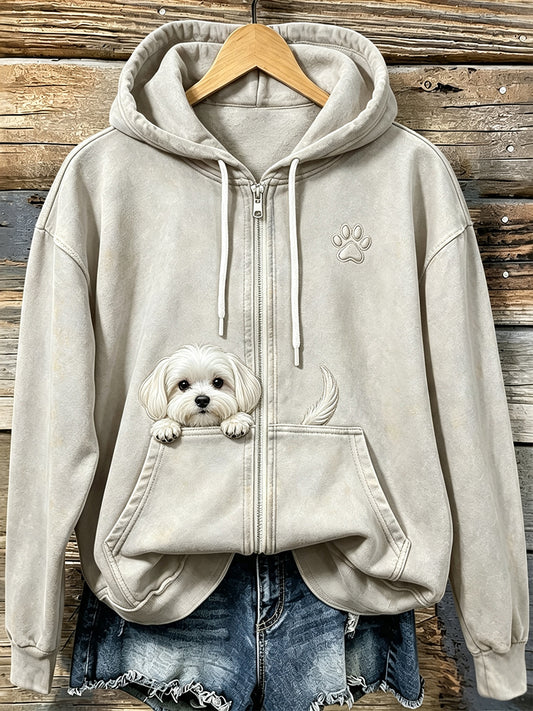 Women's Cute Peeking Maltese Dog with Paw Print Cozy Zip-Up Hoodie