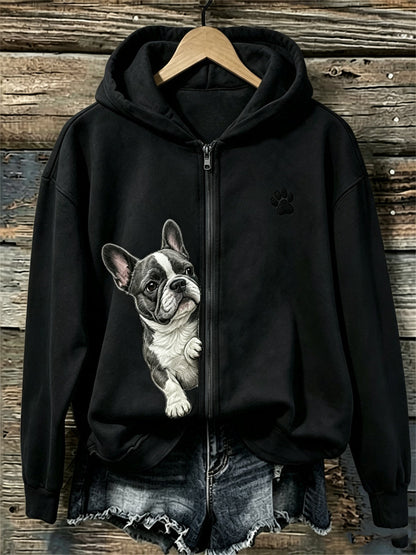 Women's Peeking French Bulldog & Paw Print Full Zip Hoodie