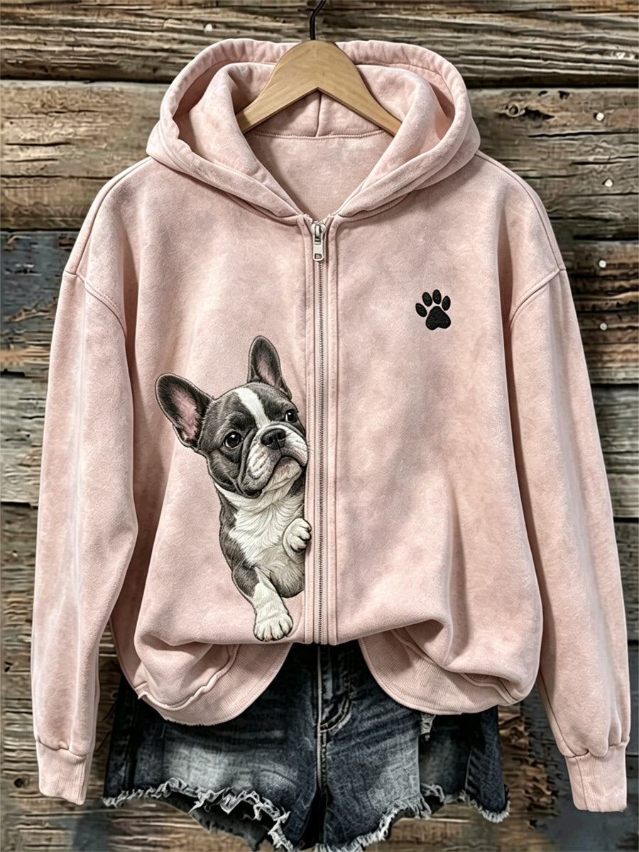 Women's Peeking French Bulldog & Paw Print Full Zip Hoodie