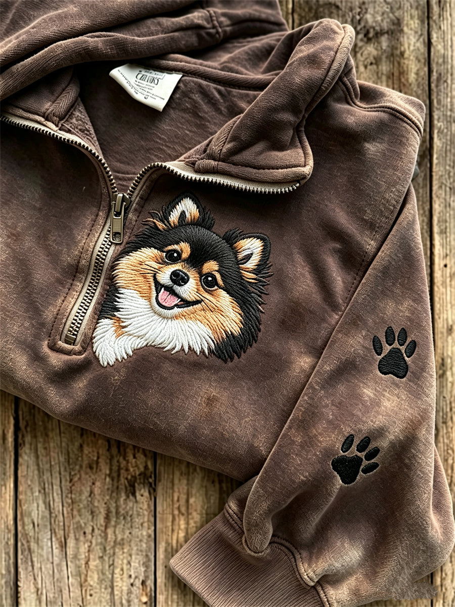 Women's Peeking Pom Dog & Paw Prints Zip Up Sweatshirt