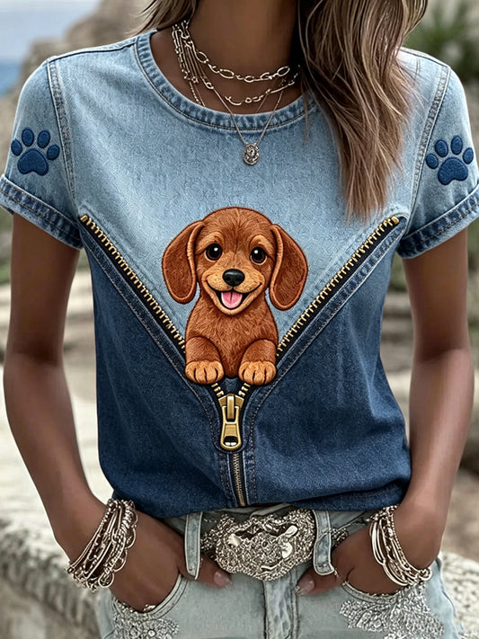 Women's Animal Dog Zipper Printed Vintage Fashion Loose Short Sleeve T-Shirt
