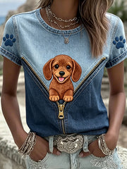 Women's Animal Dog Zipper Printed Vintage Fashion Loose Short Sleeve T-Shirt