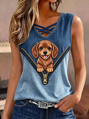 Women's Animal Dog Zipper Print Sleeveless Tank Top