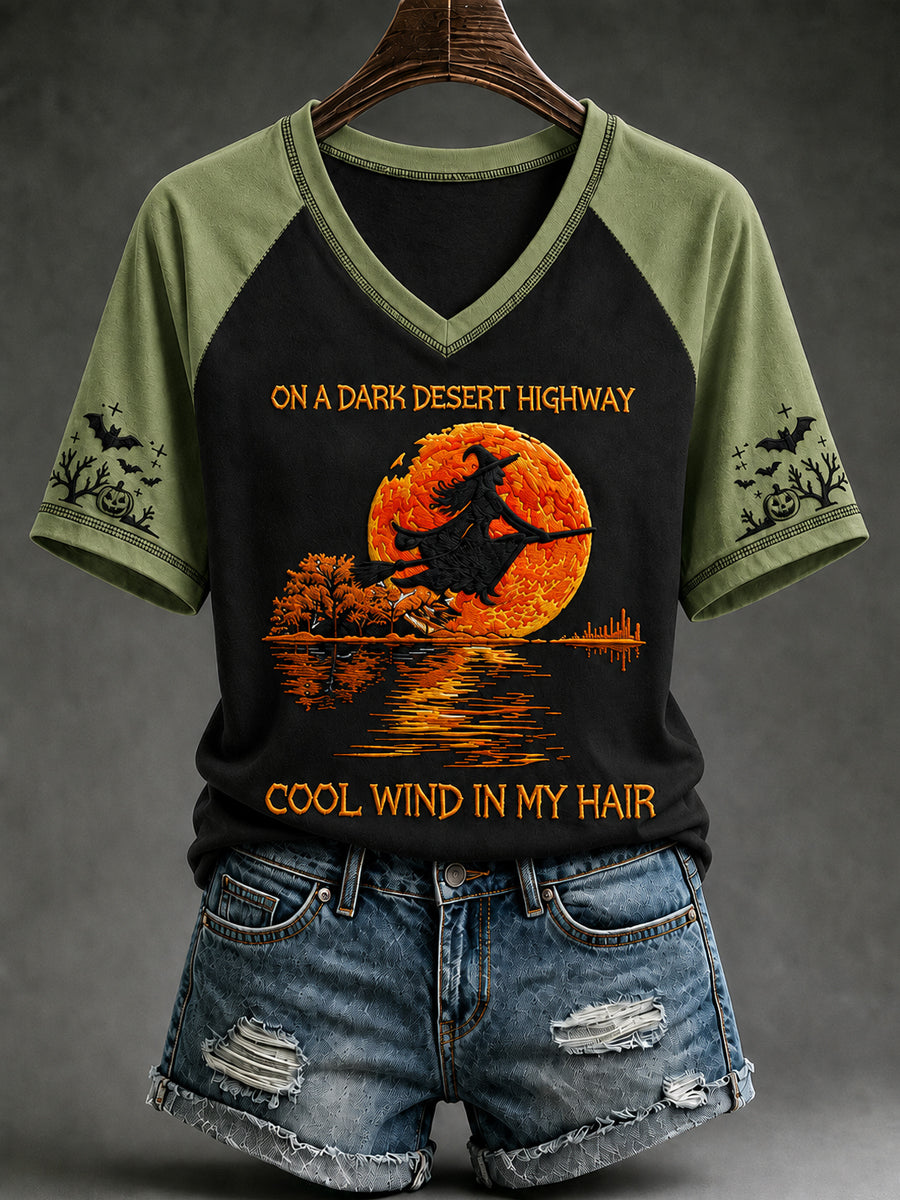 Women's Halloween Witch Pumpkin Bat V-neck Short Sleeve T-shirt