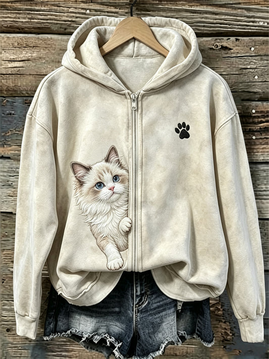 Women's Peeking Ragdoll Cat & Paw Print Full Zip Cozy Hoodie