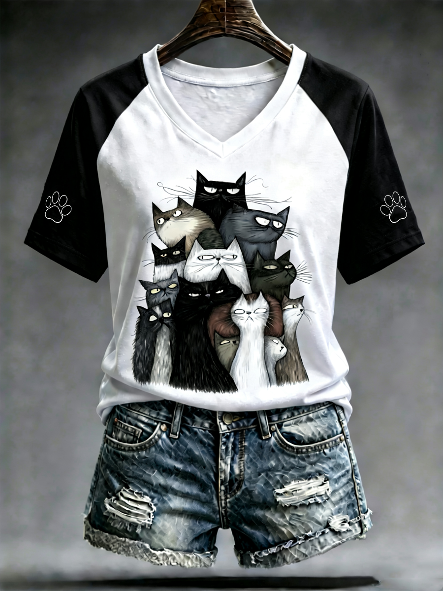 Women's Cute cat print V-neck off-shoulder short-sleeved T-shirt