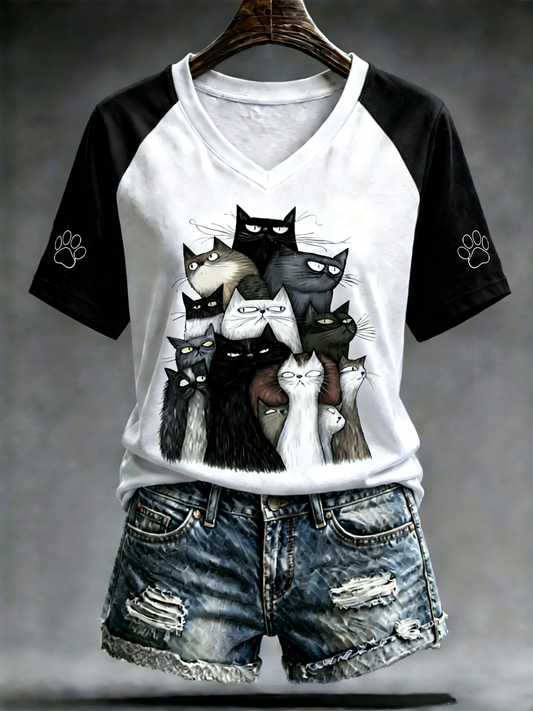 Women's Cute cat print V-neck off-shoulder short-sleeved T-shirt