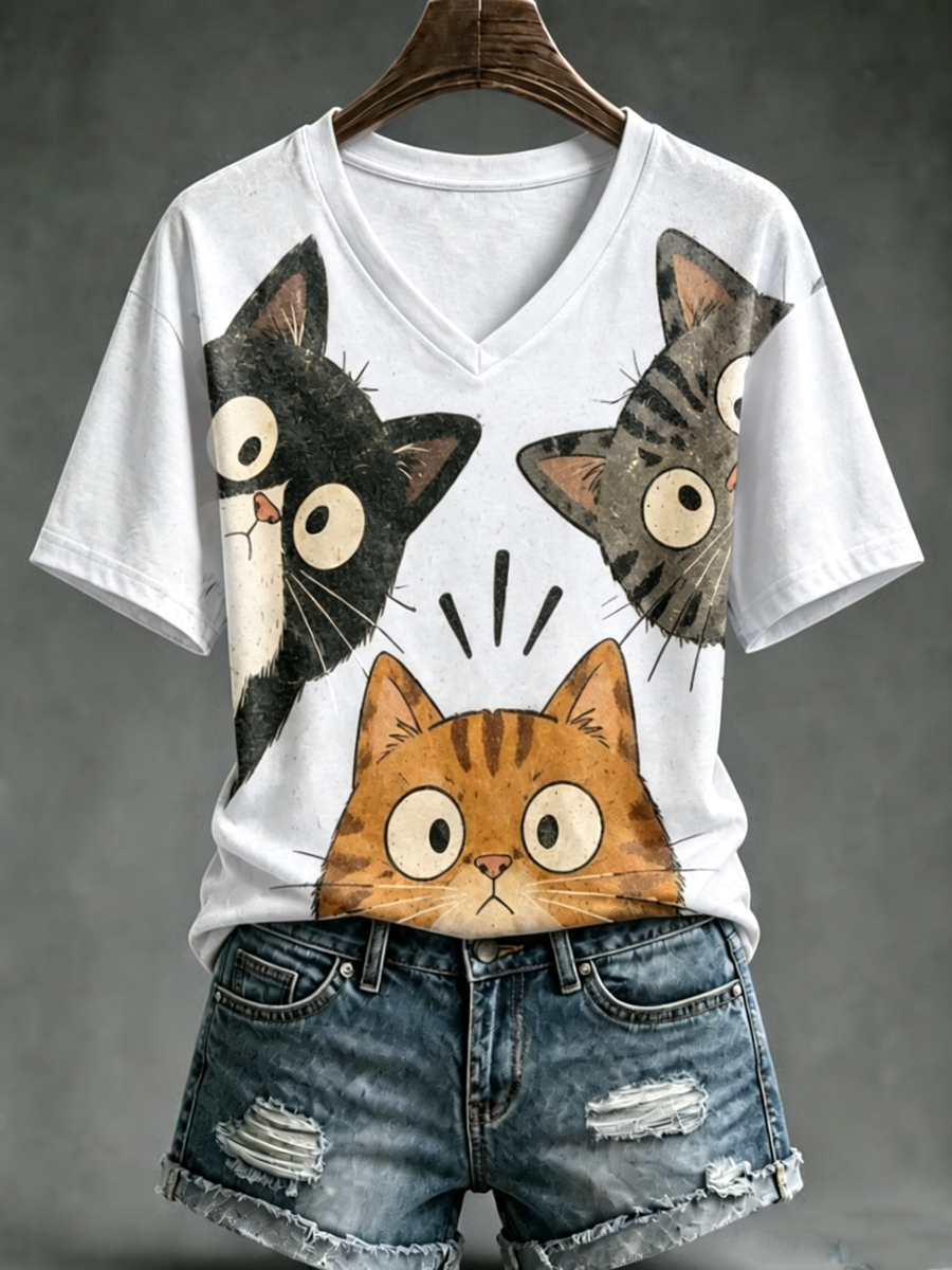 Women's Cute cat print short-sleeved T-shirt