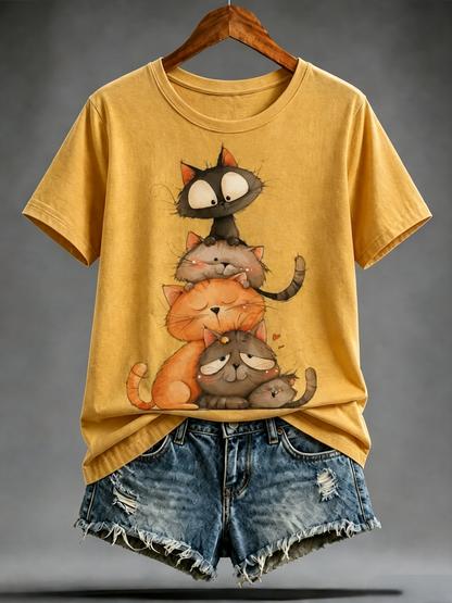 Women's Cute cat print short-sleeved T-shirt