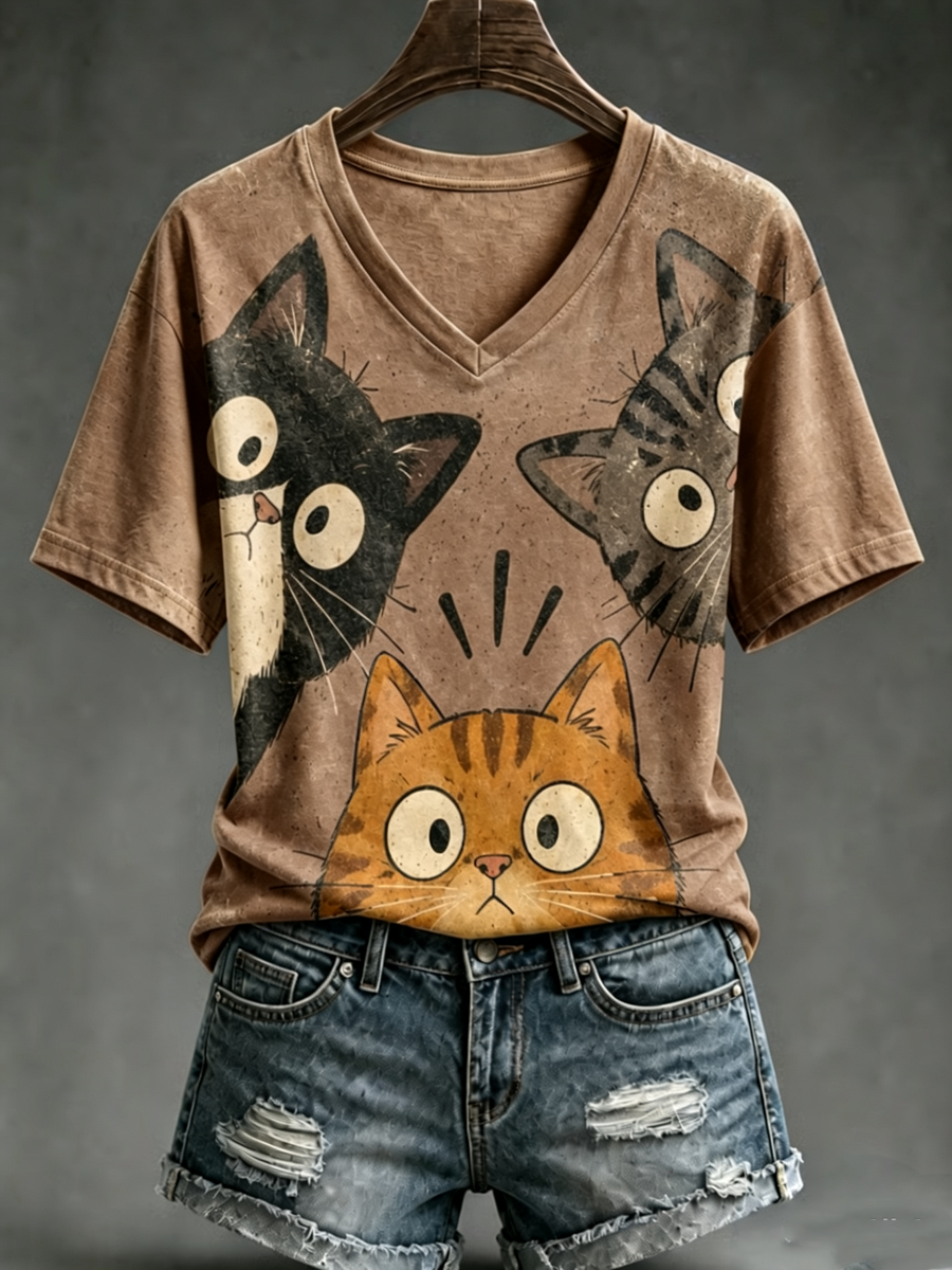 Women's Cute cat print short-sleeved T-shirt