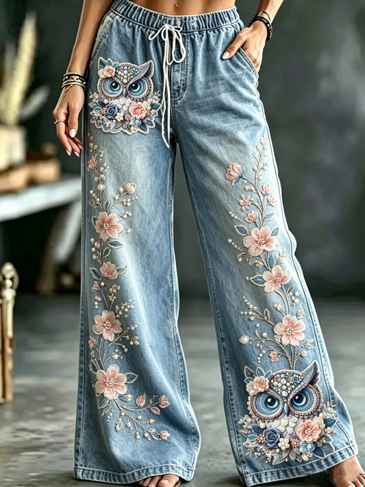 Women's Owl Art Print Flared Trousers