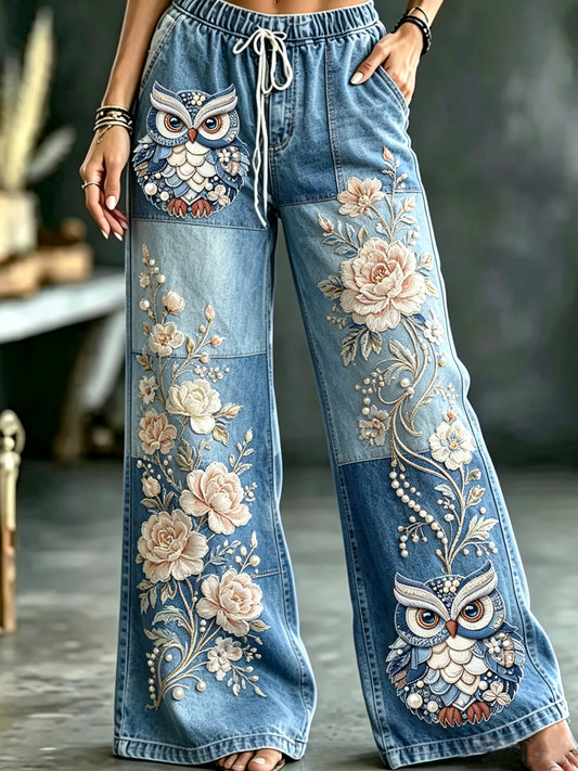 Women's Owl Art Print Flared Trousers