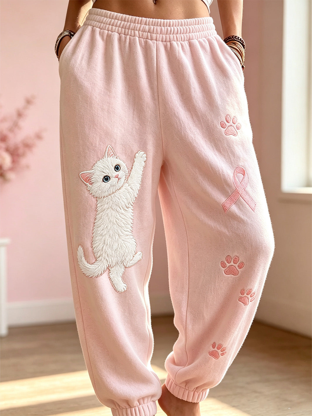 Women's Breast Cancer Themed Cute Cat Pattern Printed Casual Sweatpants
