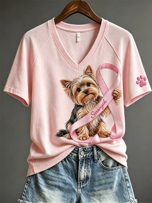 Women's Strength Pink Ribbon Yorkshire Dog & Paw Print short-sleeved T-shirt