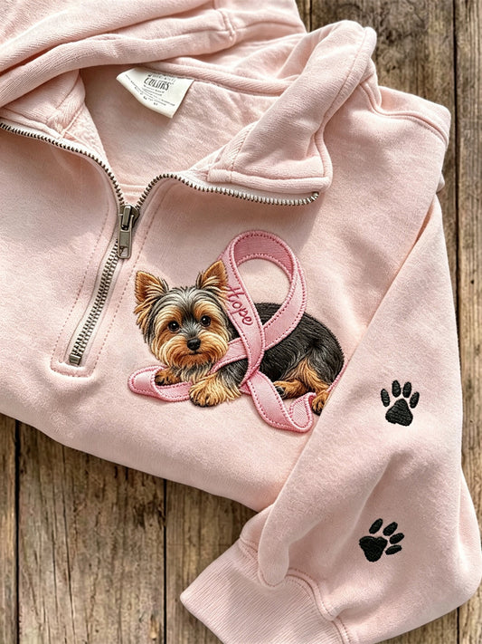 Women's Hope Pink Ribbon Yorkshire Dog & Paw Prints Zip Up Sweatshirt