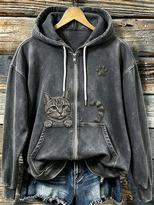 Women's Cute Cat & Paw Print Vintage Cozy Zip-Up Hoodie