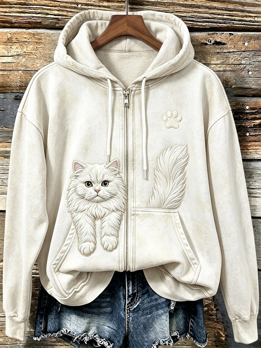 Women's Cute Cat & Paw Print Vintage Cozy Zip-Up Hoodie