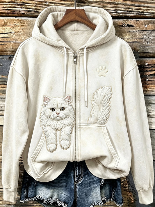 Women's Cute Cat & Paw Print Vintage Cozy Zip-Up Hoodie