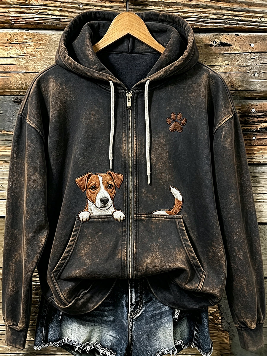 Women's Jack Russell Terrier & Paw Print Vintage Cozy Zip-Up Hoodie