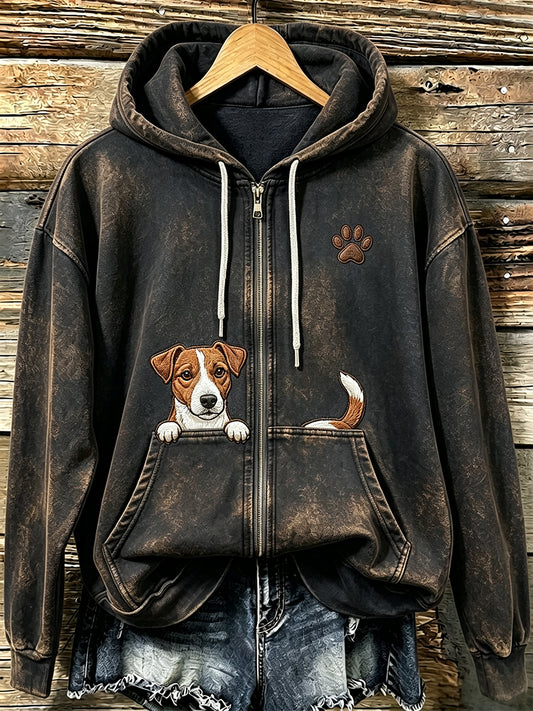 Women's Jack Russell Terrier & Paw Print Vintage Cozy Zip-Up Hoodie