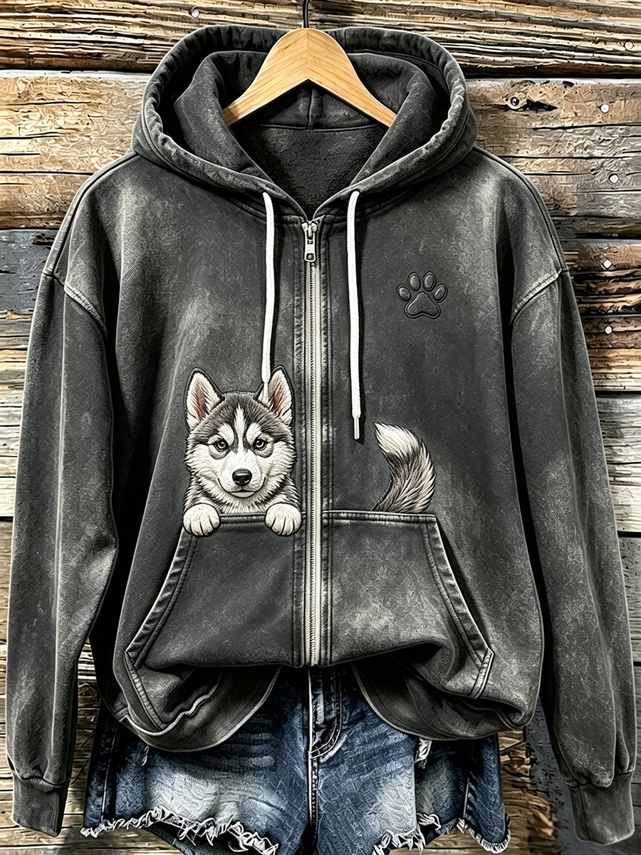 Women's Siberian Husky & Paw Print Comfy Zip-Up Hoodie