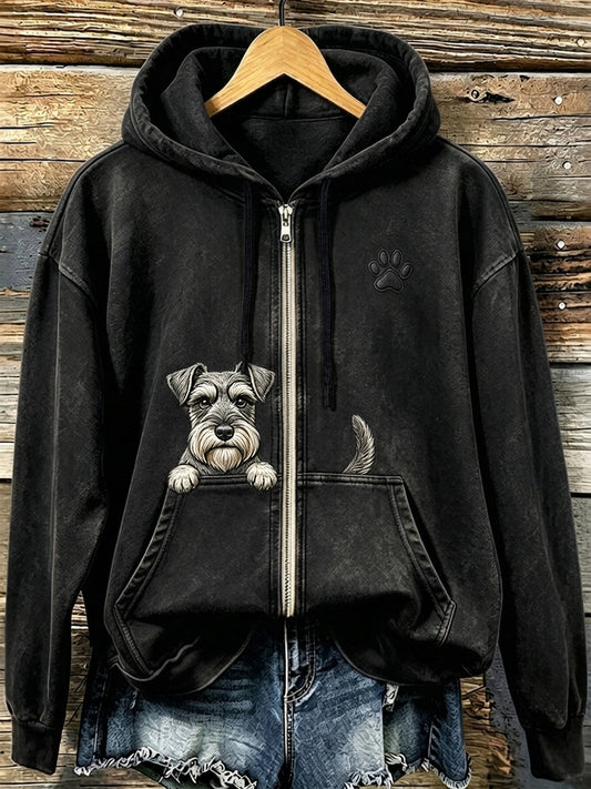 Women's Cute Schnauzer & Paw Print Cozy Zip-Up Hoodie
