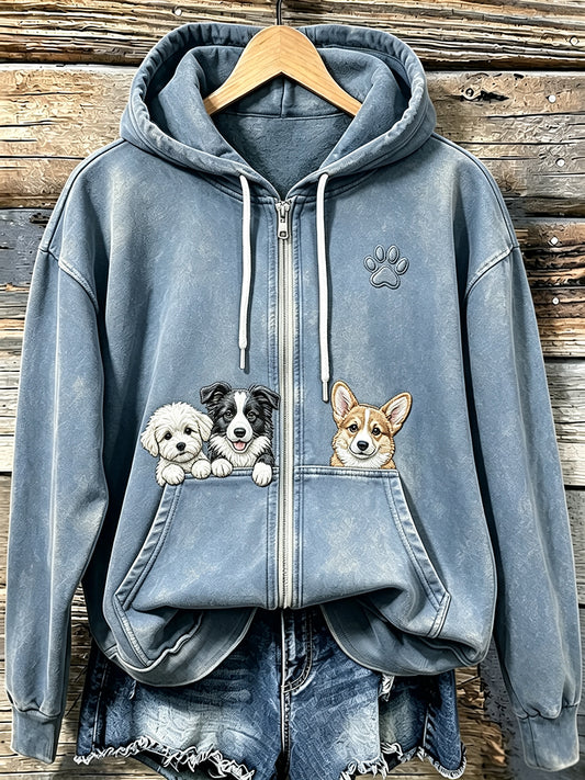 Women's Lovely Dogs & Paw Print Cozy Zip-Up Hoodie