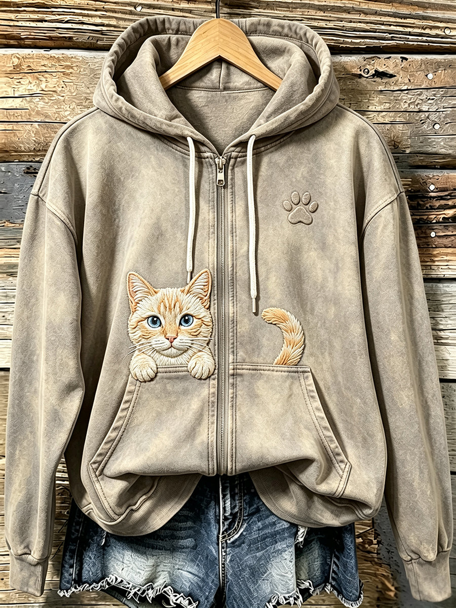Women's Cute Cat & Paw Print Vintage Cozy Zip-Up Hoodie