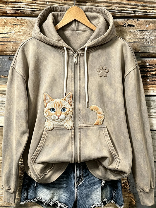Women's Cute Cat & Paw Print Vintage Cozy Zip-Up Hoodie